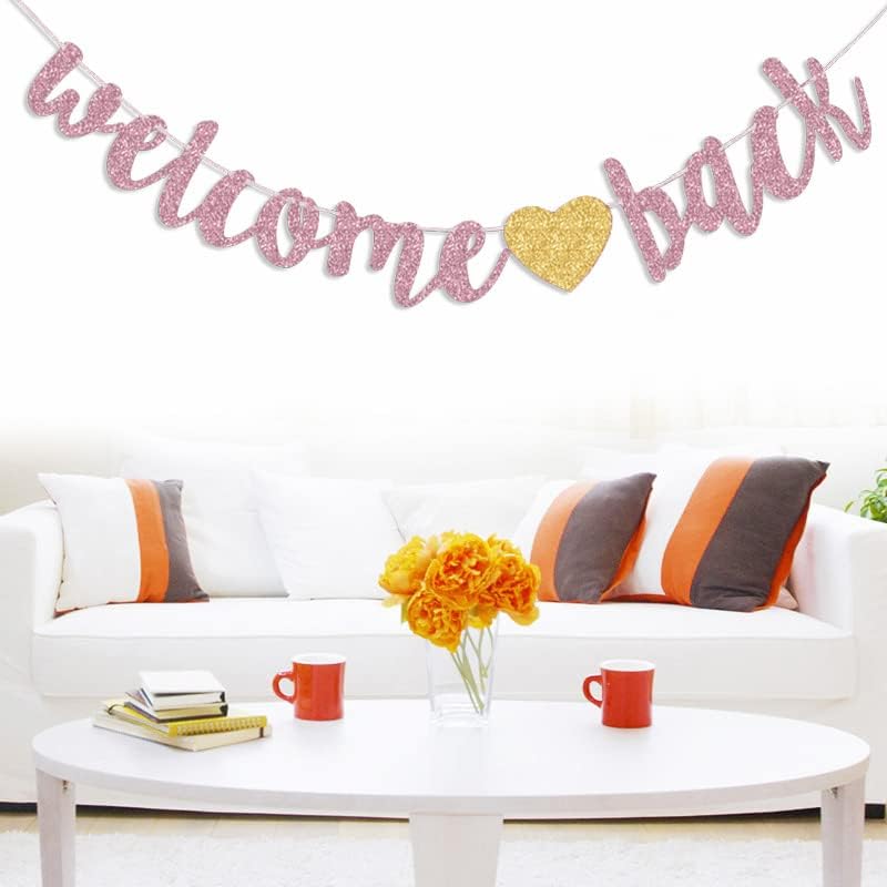 URYYRIT Welcome Back Banner Returning Home Party Paper Sign Teenager Homecoming Returning Home Retiring from The Army Decorations, Rose gold