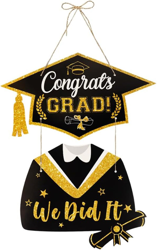 2026 Graduation Decorations Gold Congrats Grad Banner Porch Sign Welcome Wreath Graduation Decorations for Party Decorations Hanging Door Decor