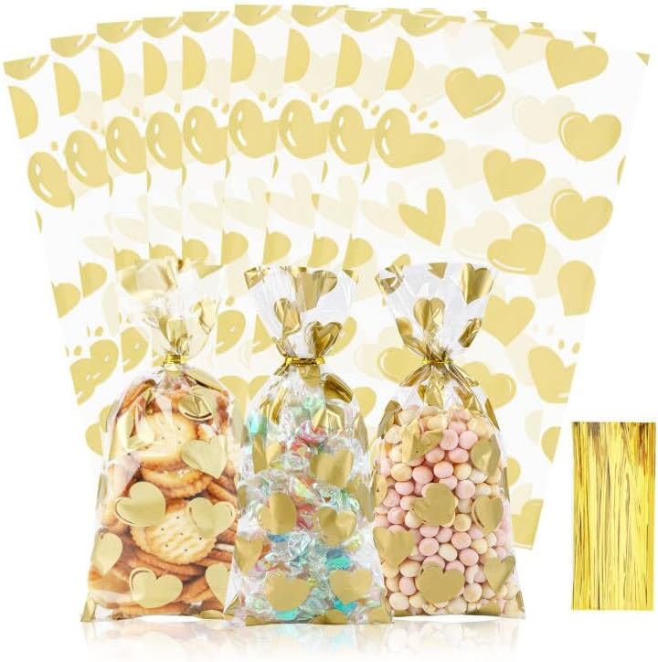 100 Pcs Star Printed 5"X 7" Gift Wrap Cello Cellophane Treat Bags Party Favor bags Clear Candy Cookie Bag Plastic Poly Goodie Storage Bag with Twist Ties for Bakery,Birthday, Wedding ,Party Decorations (Gold)