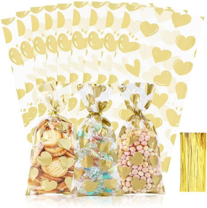100 Pcs Star Printed 5"X 7" Gift Wrap Cello Cellophane Treat Bags Party Favor bags Clear Candy Cookie Bag Plastic Poly Goodie Storage Bag with Twist Ties for Bakery,Birthday, Wedding ,Party Decorations (Gold)