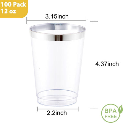 I00000 100 Pack 12 oz Gold Plastic Cups, Gold Rimmed Disposable Cups, Disposable Wine Glasses Cocktail Glasses Premium Cup with Golden Rim, 12 Ounce Plastic Tumblers for Party & Wedding