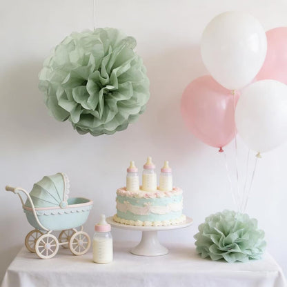 9-Pack Sage Green Tissue Paper Flower Pom Poms Decorations - 12" 10" Sage Hanging Paper Party Decor for Bridal Shower, Baby Shower, Birthday, Wedding, Nursery Room, Backdrop Supplies