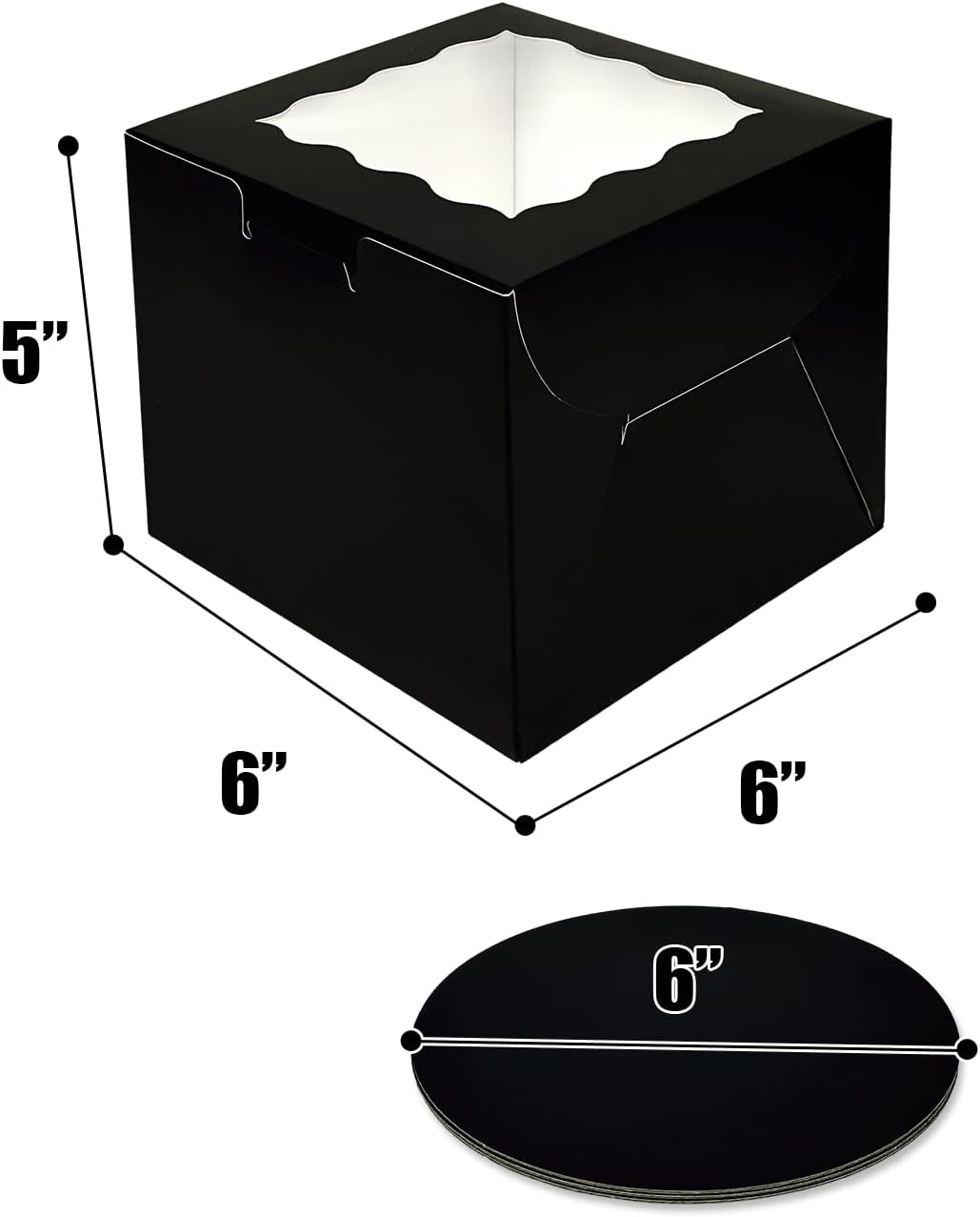 Bakepacker 36pcs 6x6x5 Inches with Window 18-Packs White 6 Inch Bakery Boxes (18 Cake Boxes +18 Cake Boards + 10 Meters Silk Ribbon Includes Included)