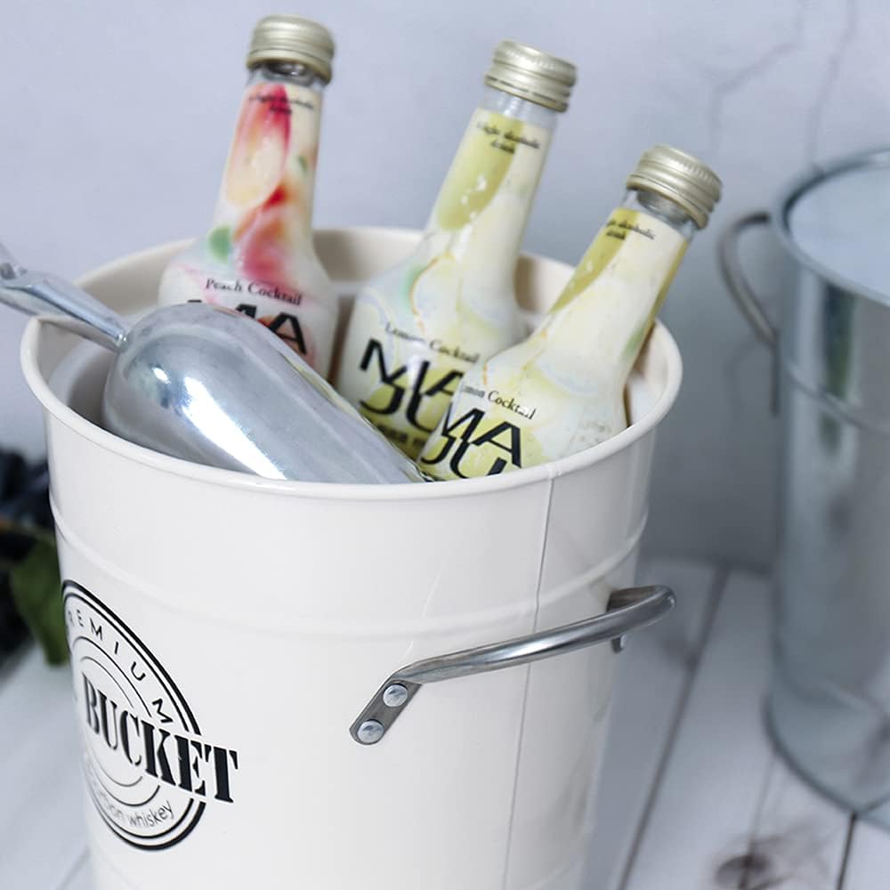 T586A 4L Cream White Metal Galvanized Double Walled Ice Bucket Set with Lid and Scoop