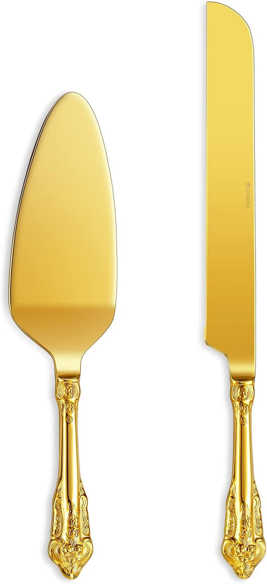 KEAWELL Gorgeous Wedding Cake Knife and Server Set, 18/10 Stainless Steel, Fine Luxury Cake Cutting Set (Gold Accent)