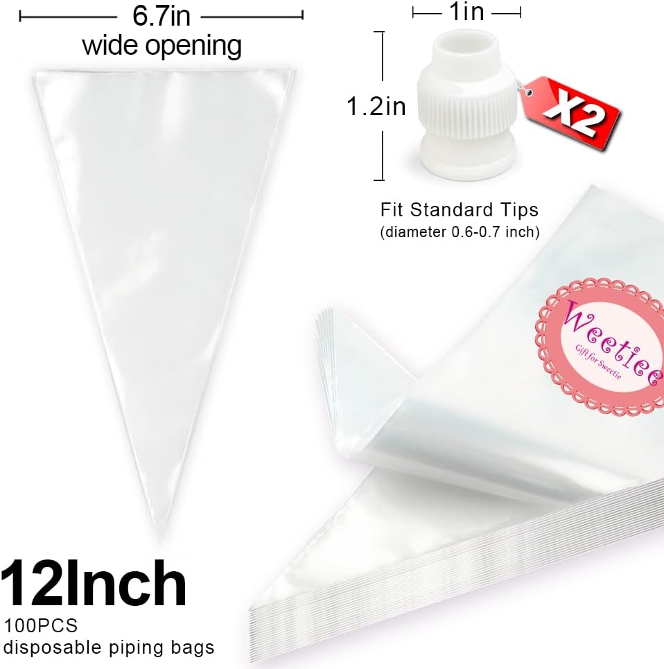 Weetiee Pastry Piping Bags -100 Pack-16-Inch Disposable Cake Decorating Bags Anti-Burst Cupcake Icing Bags for all Size Tips Couplers and Baking Cookies Candy Supplies Kits - Bonus 2 Couplers