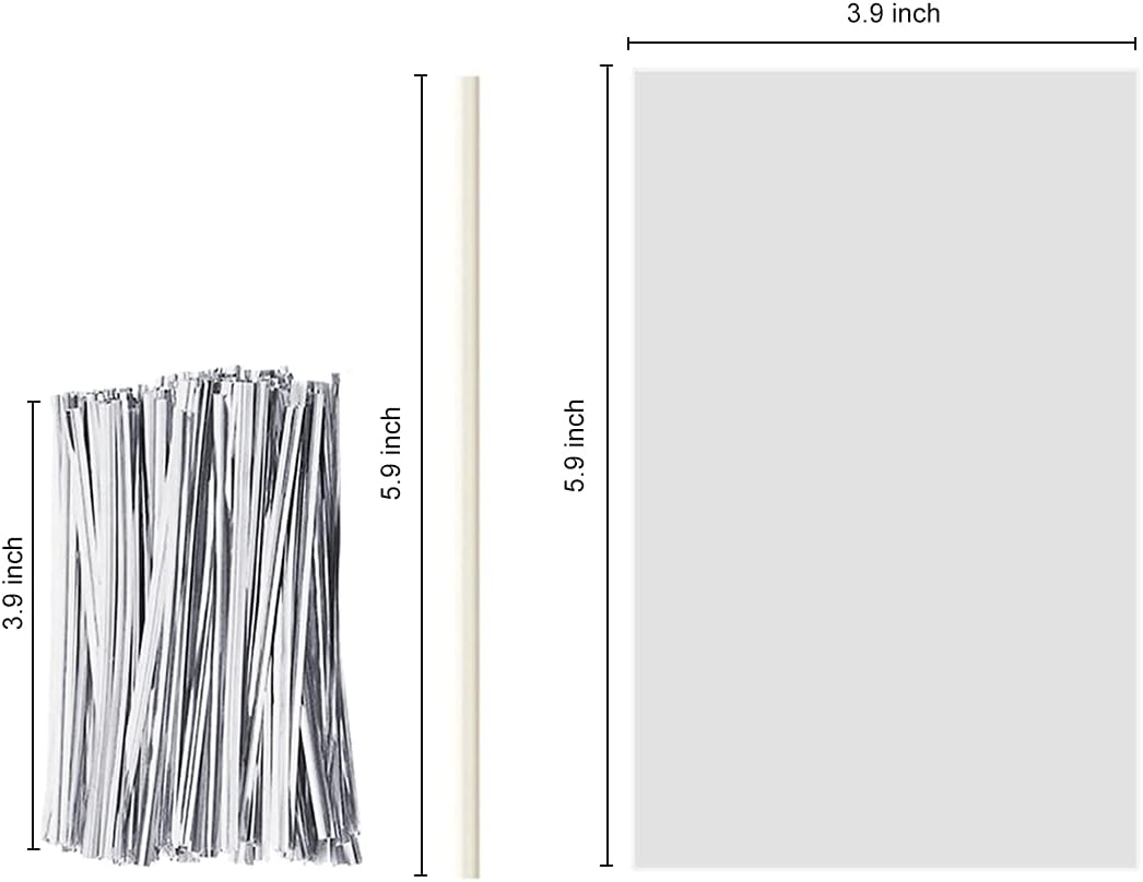 360 PCS Cake Pop Sticks and Wrappers Ties Kit, Including 120ct 6-inch Paper Lollipop Sticks, 120ct Cake Pop Parcel Bags, 100ct Silver Twist Ties for Candy Making Packaging Supplies