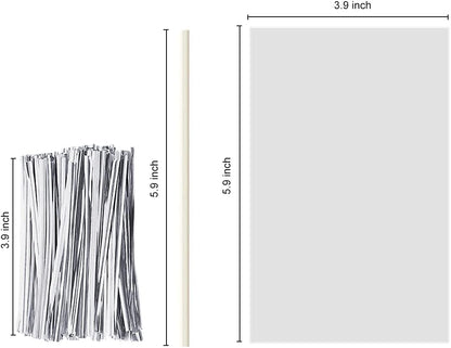360 PCS Cake Pop Sticks and Wrappers Ties Kit, Including 120ct 6-inch Paper Lollipop Sticks, 120ct Cake Pop Parcel Bags, 100ct Silver Twist Ties for Candy Making Packaging Supplies