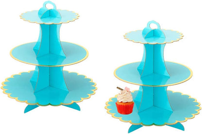 MRPAPA Pink Cardboard Cupcake Stand,2PCS Cup Cake Holder Thick Paper Dessert Tray, 3-Tier Round Serving Tray Perfect for Baby Girls Pink and Gold Birthday Baby Shower Party Supplies