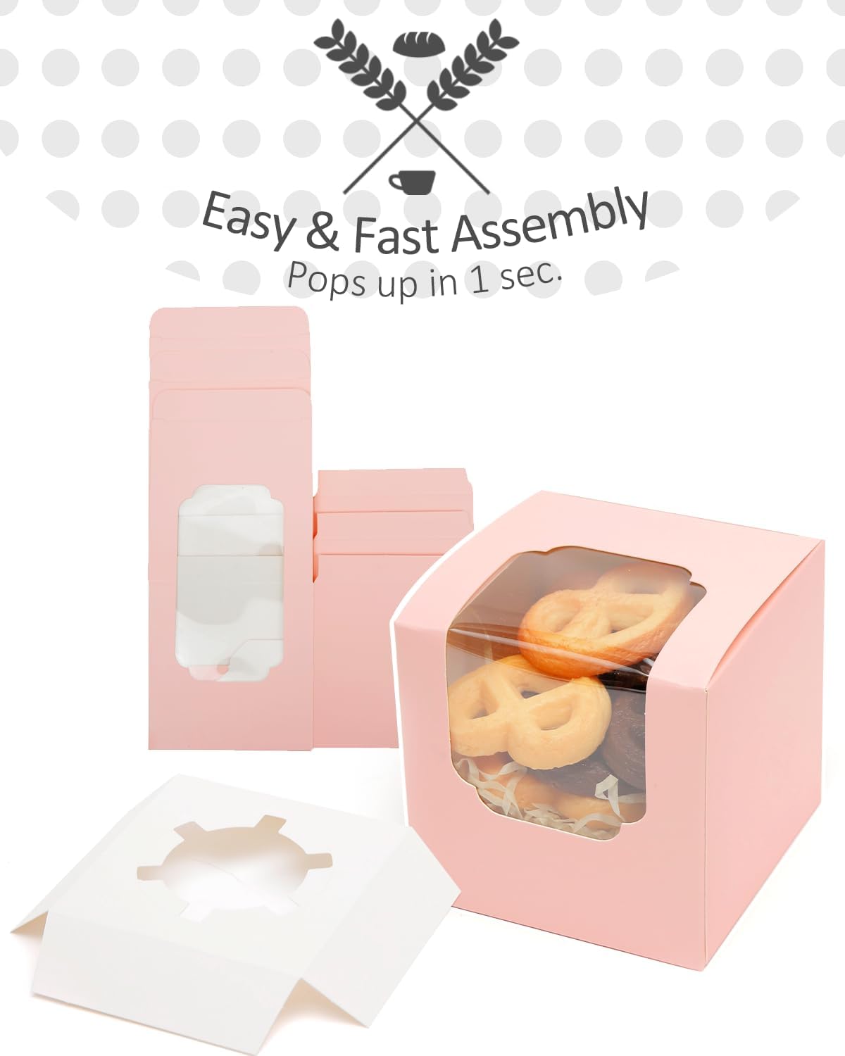 qiqee 60-Packs Cupcake Boxes Auto-pop up Individual Cupcake Container White 3.5" x 3.5" x 3.5" Single Cupcake Boxes