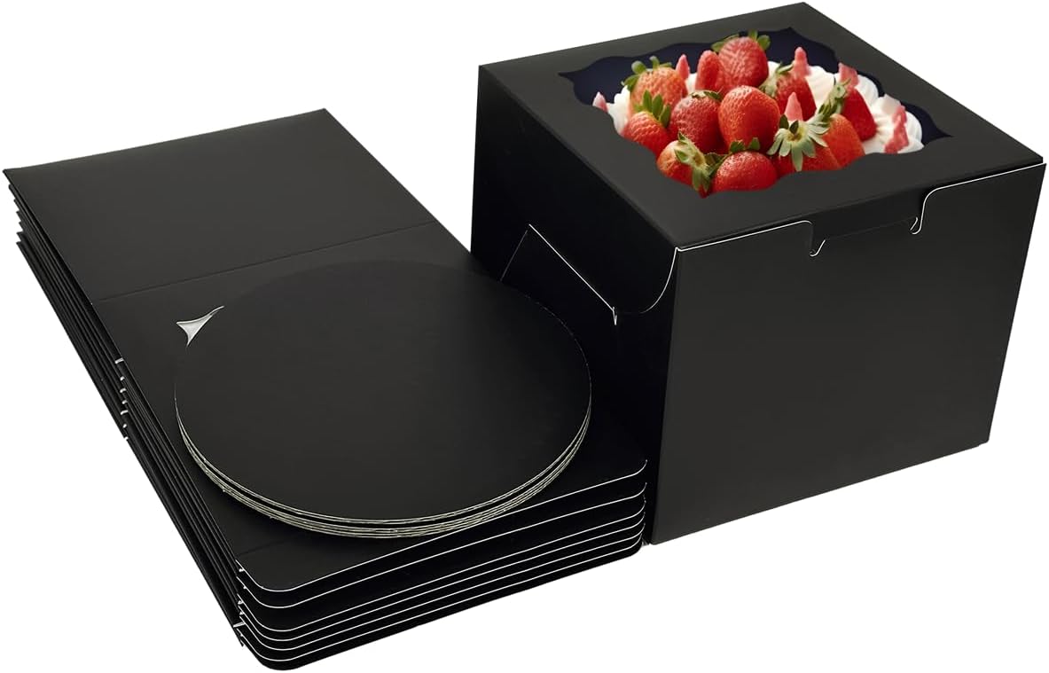 Bakepacker 36pcs 6x6x5 Inches with Window 18-Packs White 6 Inch Bakery Boxes (18 Cake Boxes +18 Cake Boards + 10 Meters Silk Ribbon Includes Included)