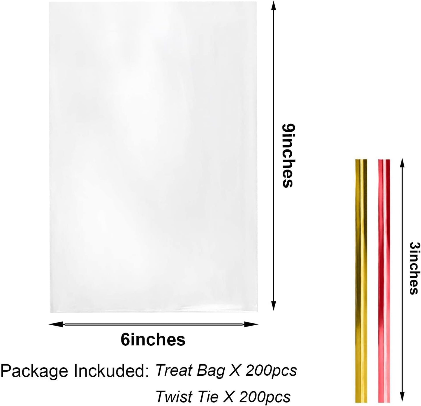 Cello Cellophane Treat Bags,5x7 Inches Clear Cellophane Bags 200 Pcs OPP Plastic Treat Bags with 200 Twist Ties for Gift Wrapping,Packaging Candies,Dessert,Bakery, Cookies, Chocolate,Party Favor