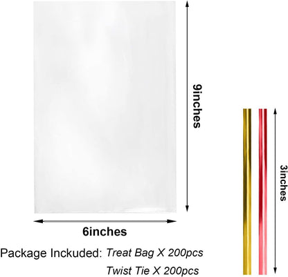 Cello Cellophane Treat Bags,5x7 Inches Clear Cellophane Bags 200 Pcs OPP Plastic Treat Bags with 200 Twist Ties for Gift Wrapping,Packaging Candies,Dessert,Bakery, Cookies, Chocolate,Party Favor