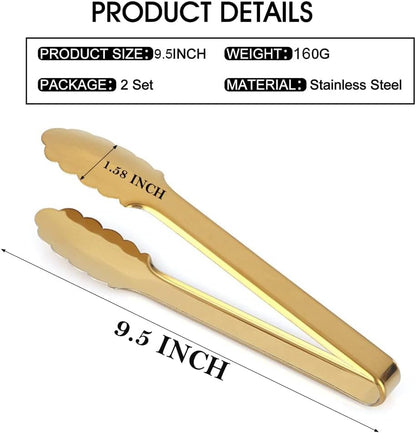 2 Pack Gold Serving Tongs Gold Serving Utensils Salad Tongs Buffet Tongs Non-slip & Easy Grip Stainless Steel Gold Plated Buffet Serving Tongs, Salad, Ice, Oven (9.5 Inch) (Gold)