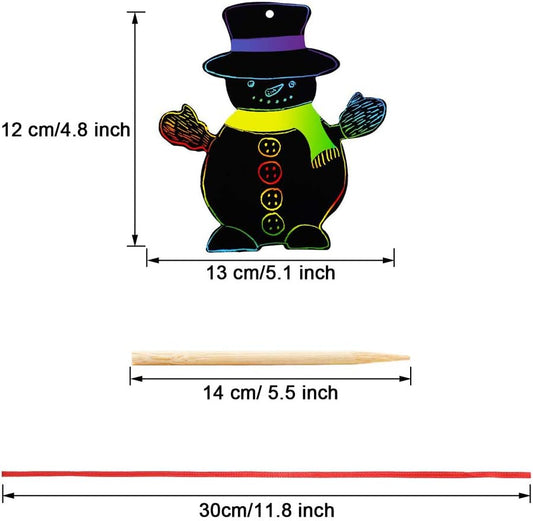 PARSUP 72Pcs Christmas Snowman Scratch Paper Rainbow Color Scratch Ornaments Christmas Decorations Hanging Craft Art Kits with Wooden Stick and Ribbon for Kids Christmas Winter Party Favors