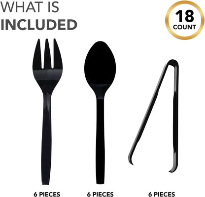 Party Essentials Plastic Serving Utensils for Party Buffet Kit, Black, Spoons/Forks/Tongs, 18-Piece