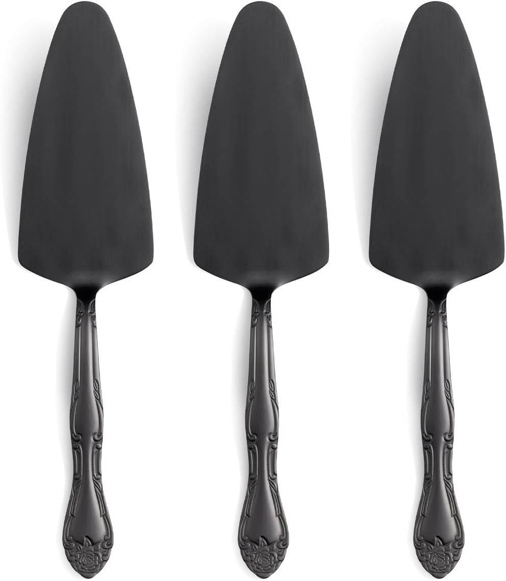 3-Piece Cake Server Set - 9.3-Inch Matte Black 430 Stainless Steel with Rose Handle Design - for Cake, Pie, Pizza, and Dessert Serving - Dishwasher Safe Pastry Server Set