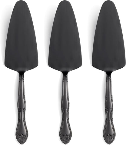 3-Piece Cake Server Set - 9.3-Inch Matte Black 430 Stainless Steel with Rose Handle Design - for Cake, Pie, Pizza, and Dessert Serving - Dishwasher Safe Pastry Server Set