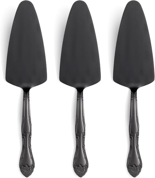 3-Piece Cake Server Set - 9.3-Inch Matte Black 430 Stainless Steel with Rose Handle Design - for Cake, Pie, Pizza, and Dessert Serving - Dishwasher Safe Pastry Server Set