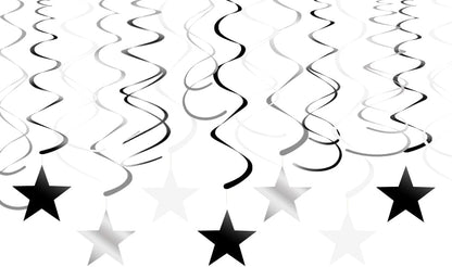 Black, White, and Silver Hanging Swirl Decorations with Star Cutouts, Set of 30