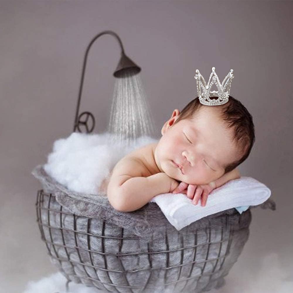 2Pcs Mini Infant Crown Baby Princess Tiara Cake Topper Crystal Rhinestone Small Gold Cupcake Crown for Newborn Photo Prop Royal Prince Themed Birthday Wedding Christmas Party Decorations