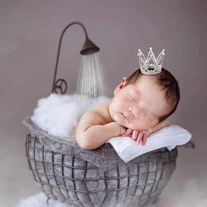 2Pcs Mini Infant Crown Baby Princess Tiara Cake Topper Crystal Rhinestone Small Gold Cupcake Crown for Newborn Photo Prop Royal Prince Themed Birthday Wedding Christmas Party Decorations