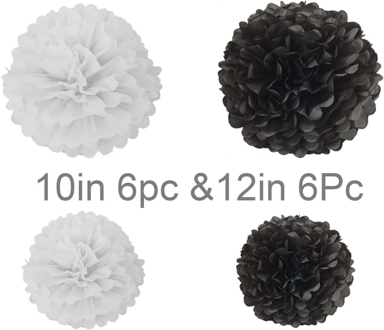 Black and White Tissue Paper Pom Poms Hanging Tissue Flowers Poms Decorations Pack of 12 for Wedding, Birthday,Party Backdrop Decor ect. (12", 10",Tissue Paper Flowers)