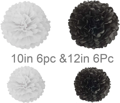 Black and White Tissue Paper Pom Poms Hanging Tissue Flowers Poms Decorations Pack of 12 for Wedding, Birthday,Party Backdrop Decor ect. (12", 10",Tissue Paper Flowers)