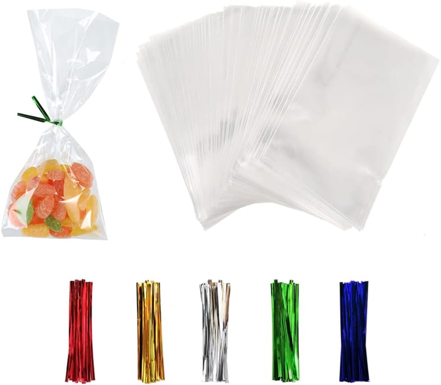 XLSFPY 100PCS Clear Cellophane Bags, 5x7 Small Treat Bags with Ties, Cake Pop Bags, Candy Bags, Goodie Bags, Rice Crispy Treat Bags, Clear Bags for Favors Birthday Party (5'' x 7'')