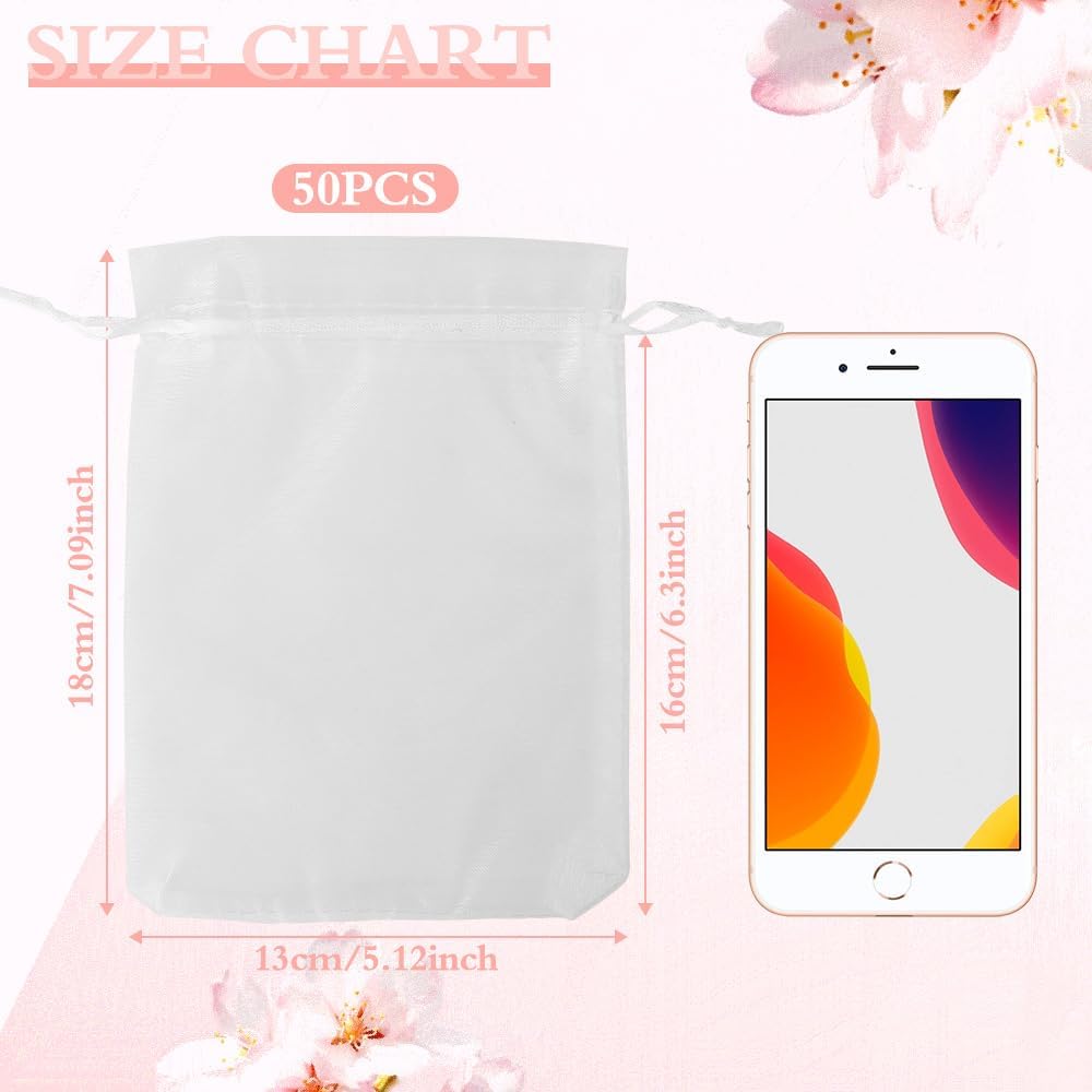 Organza Bags, Organza Bags 5 x 7 Inch, 50 Pcs White Sheer Party Favor Mesh Bag with Drawstring, Small Jewelry Gift Candy Bag for Wedding Christmas Birthday Halloween Graduation Party Favors Supplies