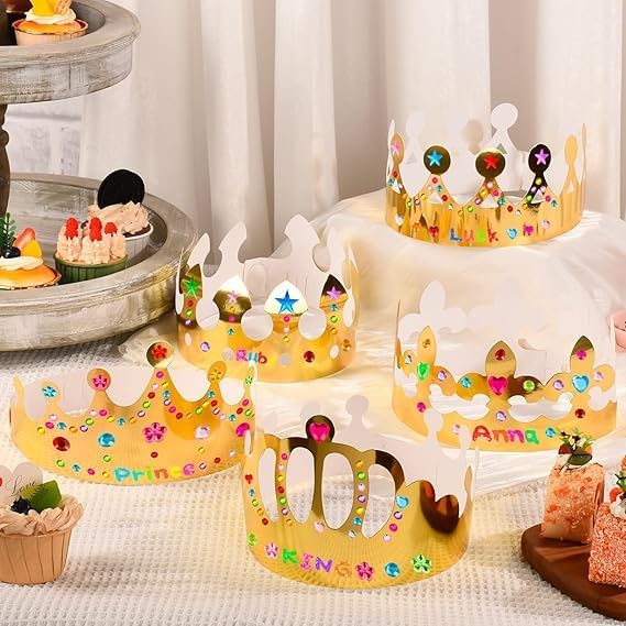 12 pcs Paper Crowns, Birthday Crowns Craft to Decorate with 8 Sheets Gem Jewels Number Letter Stickers, Gold Paper Prince Princess Hats for Party Favor Supplies