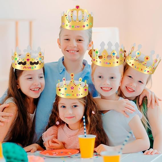 12 pcs Paper Crowns, Birthday Crowns Craft to Decorate with 8 Sheets Gem Jewels Number Letter Stickers, Gold Paper Prince Princess Hats for Party Favor Supplies