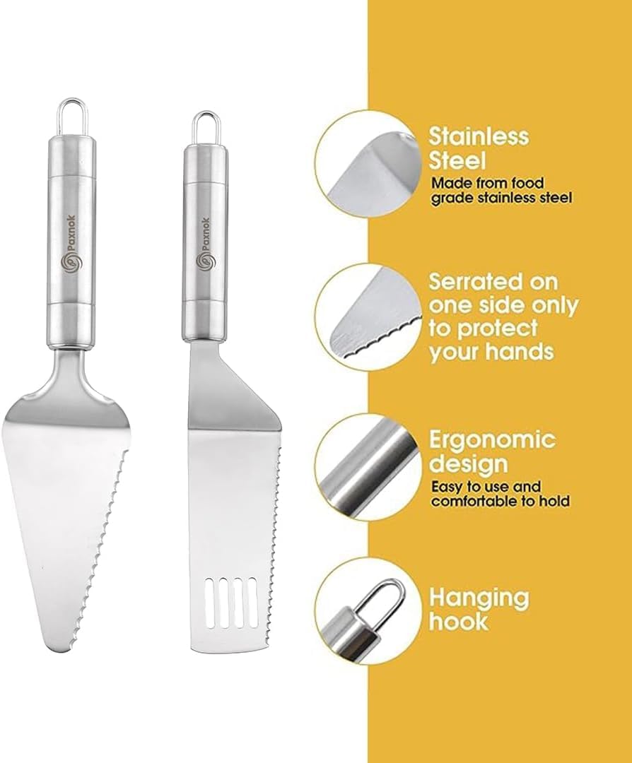 Pie Server Spatula and Cake Cutter Slicer, Stainless Steel Set - Kitchen Essentials for Cutting & Serving Desserts, Brownies, Lasagna (Black, 10 inches)