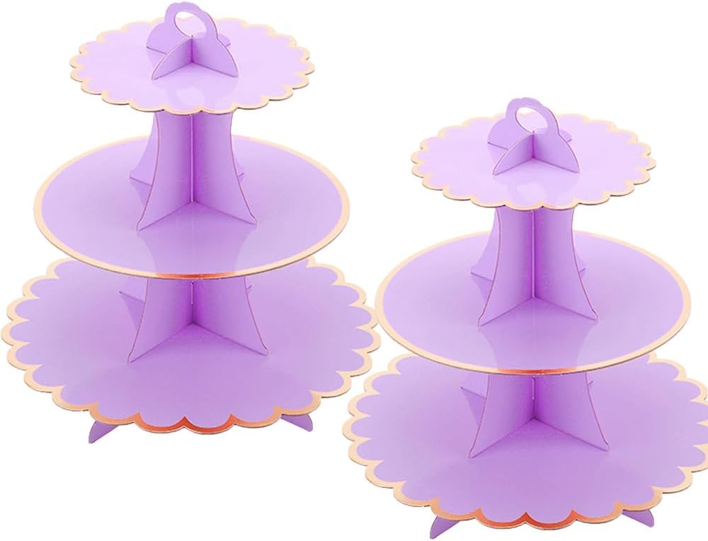 MRPAPA Pink Cardboard Cupcake Stand,2PCS Cup Cake Holder Thick Paper Dessert Tray, 3-Tier Round Serving Tray Perfect for Baby Girls Pink and Gold Birthday Baby Shower Party Supplies