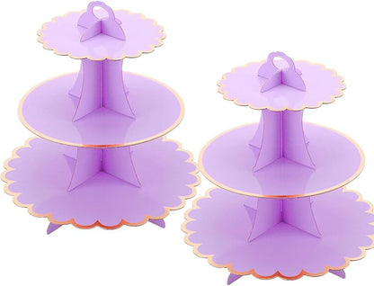 MRPAPA Pink Cardboard Cupcake Stand,2PCS Cup Cake Holder Thick Paper Dessert Tray, 3-Tier Round Serving Tray Perfect for Baby Girls Pink and Gold Birthday Baby Shower Party Supplies