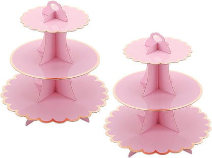 MRPAPA Pink Cardboard Cupcake Stand,2PCS Cup Cake Holder Thick Paper Dessert Tray, 3-Tier Round Serving Tray Perfect for Baby Girls Pink and Gold Birthday Baby Shower Party Supplies