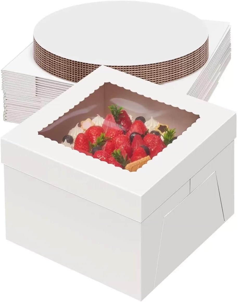 3 - Pack 8×8×8 Inch White Cake Boxes, Reinforced Cardboard with Scalloped Window, Perfect for Professional Bakery Presentation