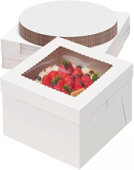 3 - Pack 8×8×8 Inch White Cake Boxes, Reinforced Cardboard with Scalloped Window, Perfect for Professional Bakery Presentation