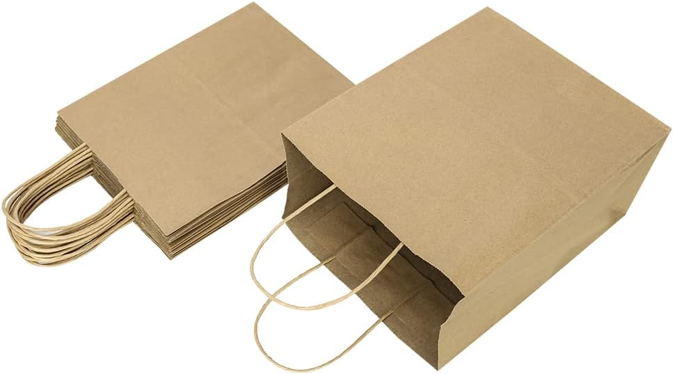 Oikss 100 Pack 8x4.75x10 Inch Medium Brown Kraft Paper Bags with Handles Bulk for Wedding Birthday Party Favors Grocery Retail Shopping Business Goody Craft Gift Bags Sacks (Plain Natural 100 Count)