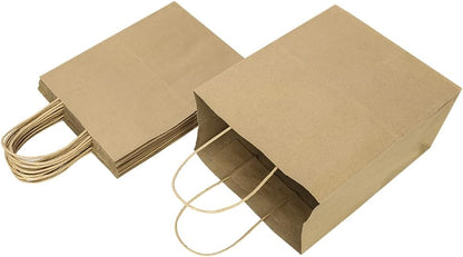 Oikss 100 Pack 8x4.75x10 Inch Medium Brown Kraft Paper Bags with Handles Bulk for Wedding Birthday Party Favors Grocery Retail Shopping Business Goody Craft Gift Bags Sacks (Plain Natural 100 Count)