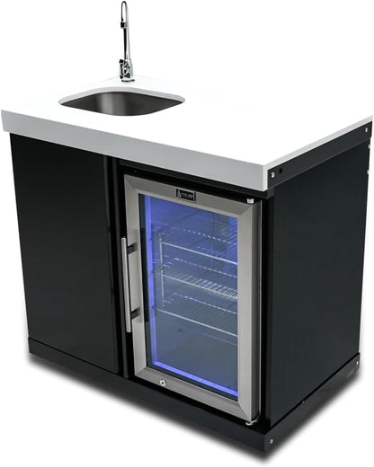 Mont Alpi Bar Series MA-BEVKEG Stainless Steel Outdoor Rated 3 Beer Tap Kegerator Keg Center Dispenser + Beverage Center with Compact Refrigerator + Granite Countertops