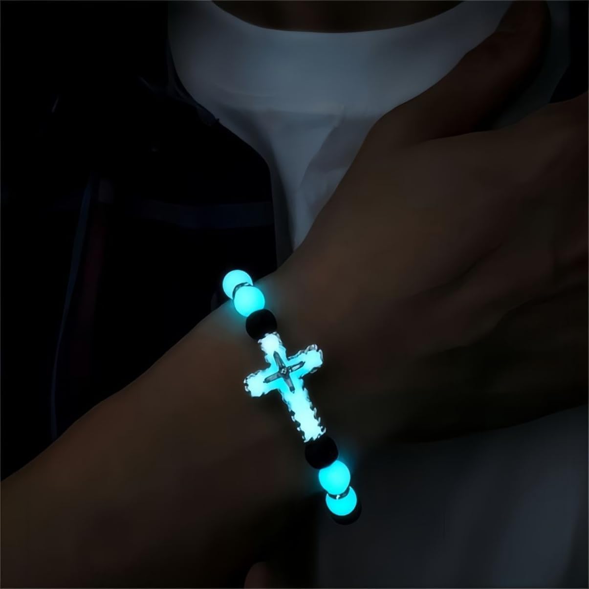 8mm Natural Volcanic Stone Bracelets for Men,Luminous Cross Bracelets,Healing Crystal Elastic Stretch Beads Bracelet,Religion Holy Communion Bracelet for Women