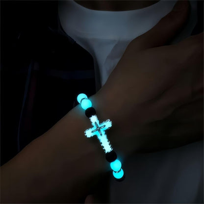 8mm Natural Volcanic Stone Bracelets for Men,Luminous Cross Bracelets,Healing Crystal Elastic Stretch Beads Bracelet,Religion Holy Communion Bracelet for Women