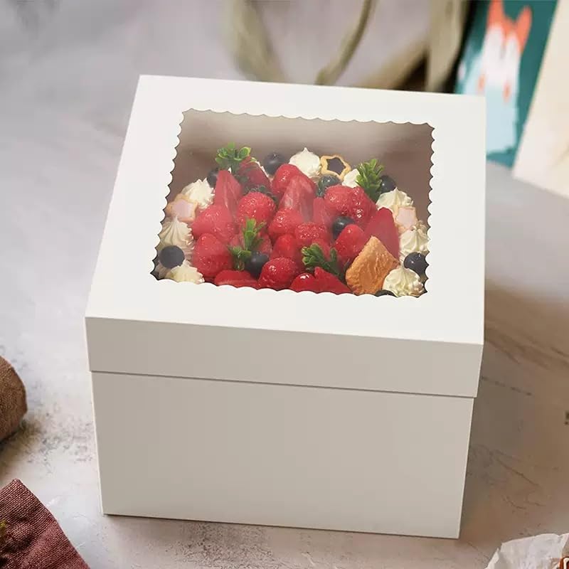 3 - Pack 8×8×8 Inch White Cake Boxes, Reinforced Cardboard with Scalloped Window, Perfect for Professional Bakery Presentation