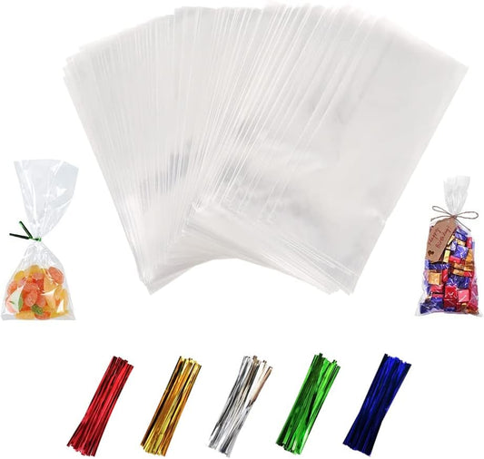 XLSFPY 100PCS Clear Cellophane Bags, 5x7 Small Treat Bags with Ties, Cake Pop Bags, Candy Bags, Goodie Bags, Rice Crispy Treat Bags, Clear Bags for Favors Birthday Party (5'' x 7'')