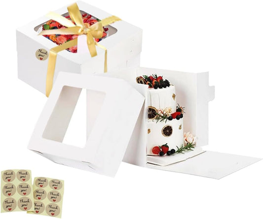2 Pack Cake Boxes with Ribbons 12x12x12 inch Tall Large White Bakery Square Cake Boxes with Window for Weddings Birthdays Decorating