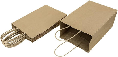 Oikss 100 Pack 5.25x3.25x8.25 Inch Small White Kraft Paper Bags with Handles Bulk for Birthday Wedding Party Favors Grocery Retail Shopping Business Goody Craft Gift Bags Cub Sacks (100pcs Count)