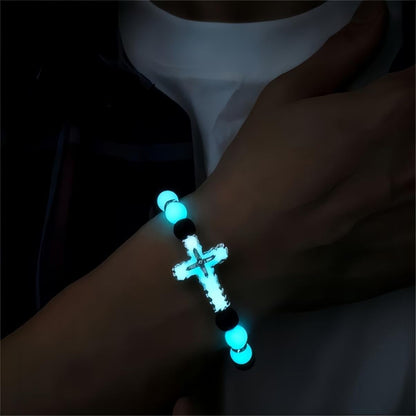 8mm Natural Volcanic Stone Bracelets for Men,Luminous Cross Bracelets,Healing Crystal Elastic Stretch Beads Bracelet,Religion Holy Communion Bracelet for Women