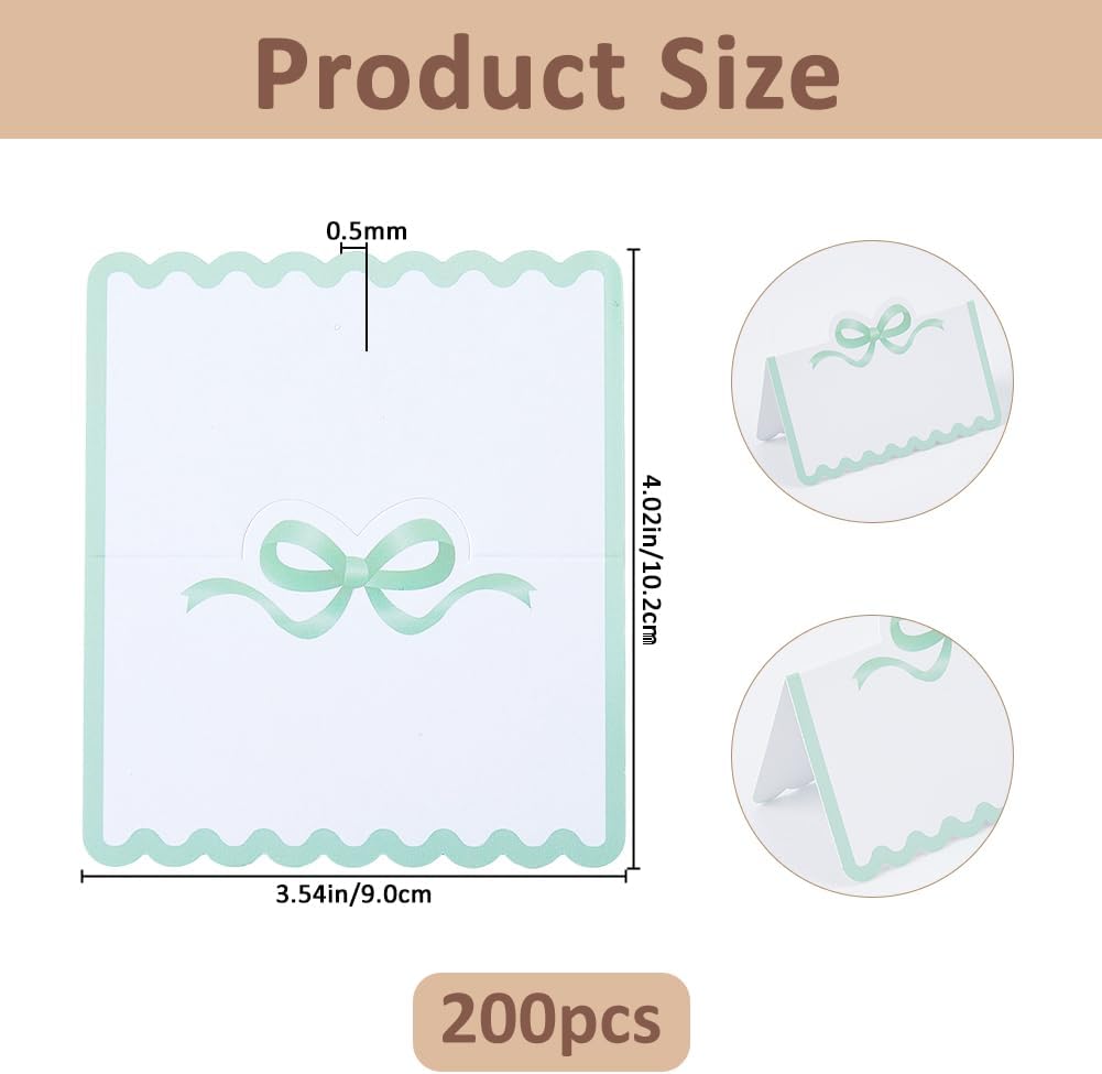 SUPERFINDINGS 200Pcs Blank Place Cards Blue Bow Place Cards 4.02x3.54 Inch/10.2x9cm Wedding Seating Card Buffet Food Labels Tent Fold Table Name Card for Wedding Party Table Setting