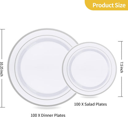 Goodluck 200PCS Gold Plastic Plates, Heavy Duty Disposable Gold Plates with 100 10.25 inch Dinner Plates and 100 7.5 inch Dessert Plates for Party, Holiday, Wedding, Thanksgiving